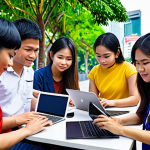**Prompt:** A diverse group of Thai people participating in an online learning session, using laptops and tablets, set against a vibrant, modern Bangkok backdrop. Focus on the collaborative and accessible nature of digital education.