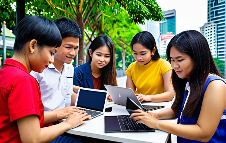 **Prompt:** A diverse group of Thai people participating in an online learning session, using laptops and tablets, set against a vibrant, modern Bangkok backdrop. Focus on the collaborative and accessible nature of digital education.