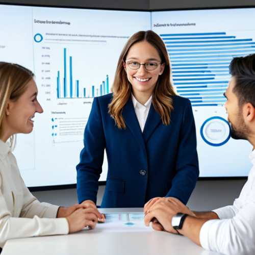 A diverse group of professional individuals, fully clothed in modest business attire, collaborating in a bright, modern open-plan office space. They are gathered around a large interactive digital display showing interconnected data visualizations, engaging in lively discussion and sharing ideas. Subtle AI interface elements are visible on screens in the background, assisting with information retrieval. The atmosphere is innovative and supportive, showcasing knowledge exchange and collective learning. safe for work, appropriate content, fully clothed, family-friendly, perfect anatomy, correct proportions, natural pose, well-formed hands, proper finger count, natural body proportions, professional photography, high quality.