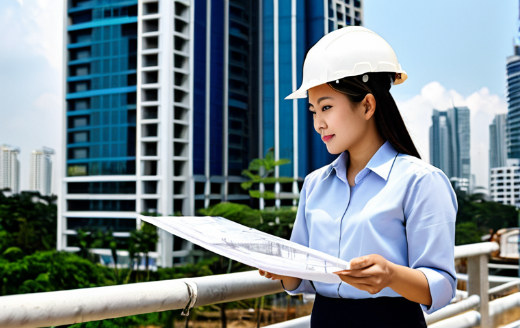 Professional Thai Architect**
"A professional female architect in a modern, fully clothed business outfit, reviewing blueprints on a construction site in Bangkok, Thailand. Background shows a modern high-rise building under construction. Perfect anatomy, correct proportions, natural pose, well-formed hands, proper finger count, professional photography, high quality, safe for work, appropriate content, fully clothed, modest, family-friendly."
**