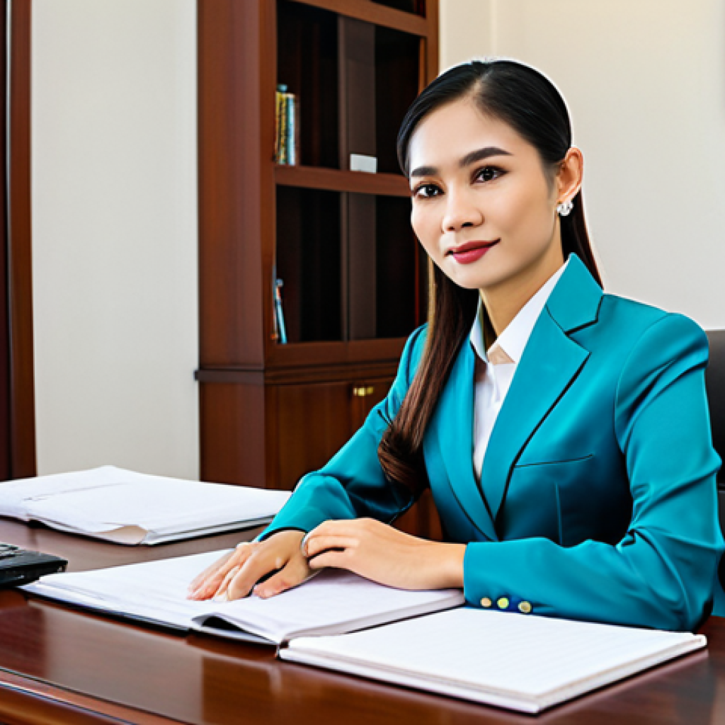 A professional Thai businesswoman in a modest traditional Thai silk suit (Suea Phraratchathan), sitting at a modern desk in a bright Bangkok office, fully clothed, appropriate attire, safe for work, perfect anatomy, natural proportions, professional photography, high quality, family-friendly.