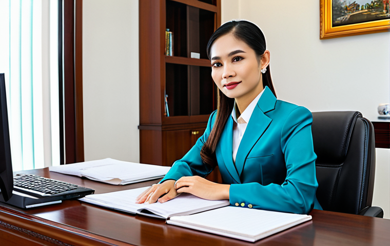 A professional Thai businesswoman in a modest traditional Thai silk suit (Suea Phraratchathan), sitting at a modern desk in a bright Bangkok office, fully clothed, appropriate attire, safe for work, perfect anatomy, natural proportions, professional photography, high quality, family-friendly.