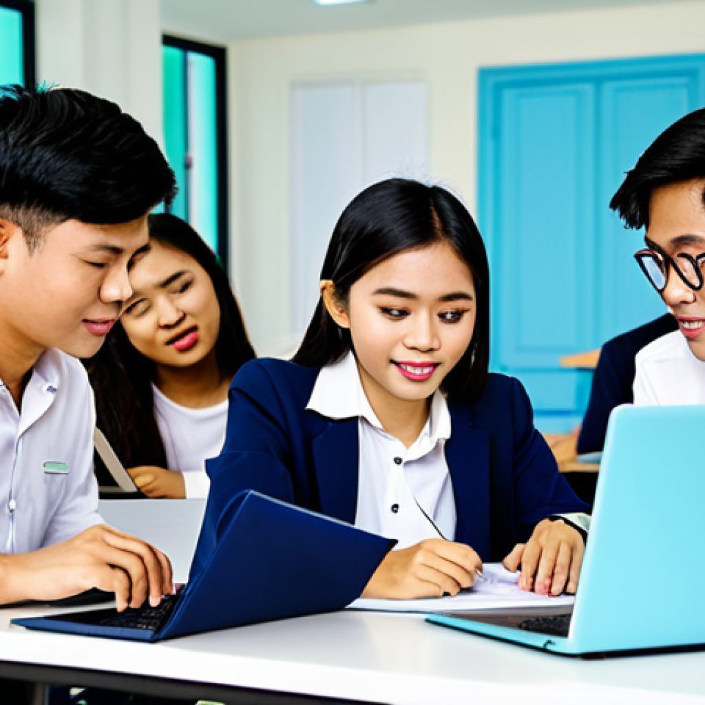 지식생태계 조성을 위한 피드백 시스템 - **
"A group of Thai students collaborating on a project in a bright, modern co-working space in Ban...