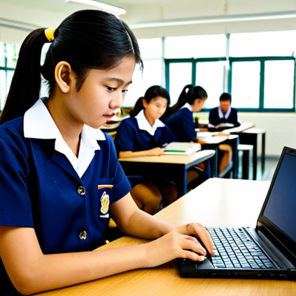 지식생태계 조성을 위한 정부 정책 - Digital Learning in Thailand**
"Thai student in a modern, well-lit library with a laptop, researchi...