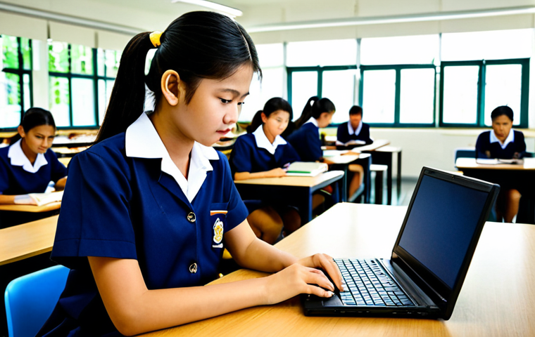 지식생태계 조성을 위한 정부 정책 - Digital Learning in Thailand**
"Thai student in a modern, well-lit library with a laptop, researchi...