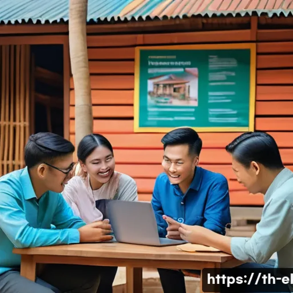 지식생태계 조성을 위한 이해관계자 참여 - A diverse community workshop scene in a modern Thai village setting, showing local people, academics...