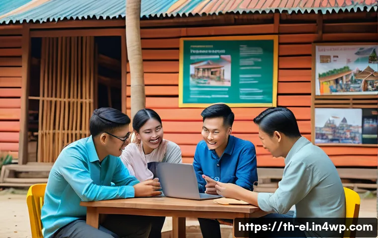 지식생태계 조성을 위한 이해관계자 참여 - A diverse community workshop scene in a modern Thai village setting, showing local people, academics...