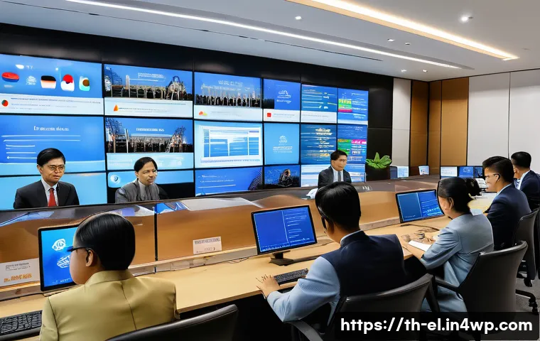 지식생태계 조성의 법적 고려사항 - A modern Thai government office interior with officials and legal experts collaborating on digital d...