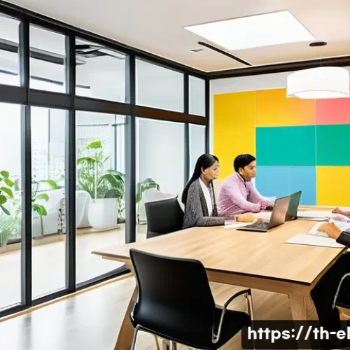 조직 내 지식생태계 활성화 전략 - A modern Thai office environment with diverse employees collaborating openly in a bright, spacious m...