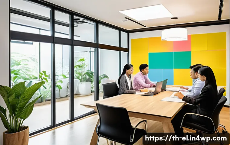 조직 내 지식생태계 활성화 전략 - A modern Thai office environment with diverse employees collaborating openly in a bright, spacious m...