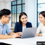 지식생태계 조성을 위한 전략적 계획 - A modern Thai office environment where diverse employees are engaged in a casual weekly &ldquo;Idea Sharin...