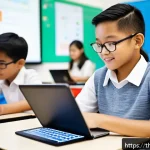 지식생태계의 문화적 영향 - A modern Thai classroom scene with diverse students using digital tablets and laptops, engaged in ac...