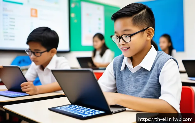 지식생태계의 문화적 영향 - A modern Thai classroom scene with diverse students using digital tablets and laptops, engaged in ac...
