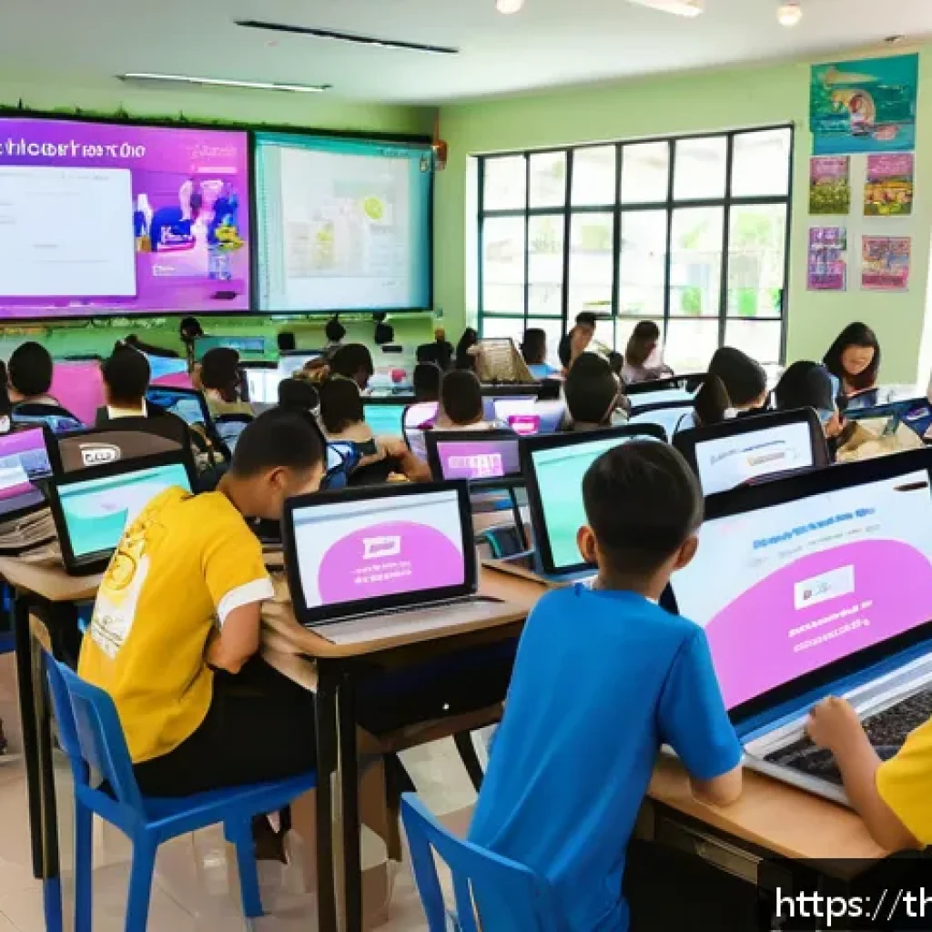 지식생태계의 생태적 측면 - A vibrant digital classroom scene in Thailand showing diverse Thai adults and teenagers attentively ...