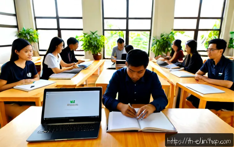 지식생태계에서의 정보 공유 방식 - Photorealistic Thai university library scene, diverse adult students and a professor collaboratively...