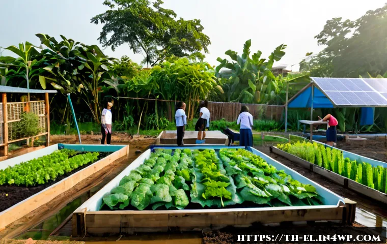 지식생태계와 지속 가능한 개발 목표 - Photorealistic wide-angle scene in a modern Thai community learning garden, diverse Thai students, t...